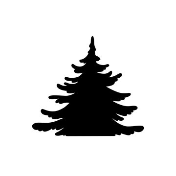 Pine tree vector shape. Hand drawn stylized silhouette monochrome illustration isolated on white background. Element design for christmas card, banner, laser cutting