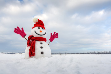 Funny snowman in stylish red hat, red scalf and red gloves on snowy field