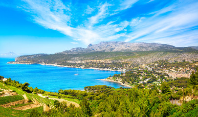 Cassis bay from route des cretes scenic road. Cote Azur, Provence, France.