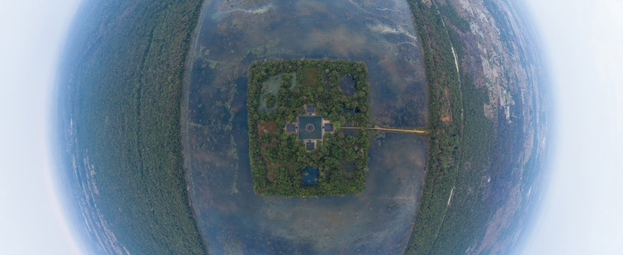 Lake in Cambodia near Angkor Wat Temple. 360 VR panorama drone shot. Ancient Ruin Complex 4k