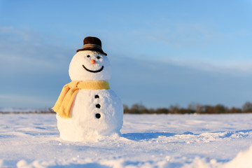 Funny snowman in stylish black hat and yellow scalf on snowy field. Merry Christmass and happy New...
