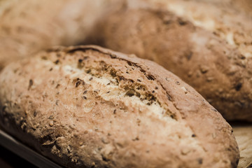 Fresh bread on the counter in the store, close-up .
