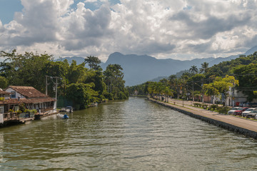 River channel to the mountains, Paraty, Brazil, South America
