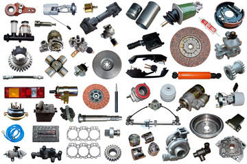 Auto spare parts car on the white background. Set with many isolated items for shop or aftermarket	