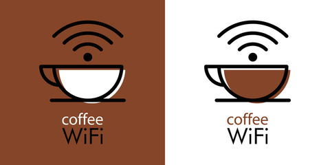 Logotipo lineal con texto coffee WiFi con taza con olas en fondo marrón y fondo blanco © teracreonte