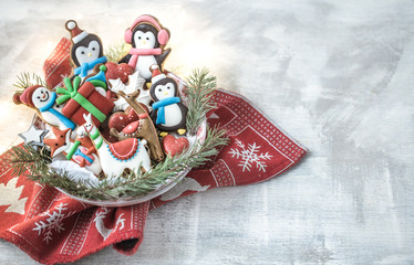 Festive new year gingerbread on a plate with decor .