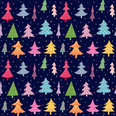 Colorful Christmas vector seamless pattern with holiday trees on dark background