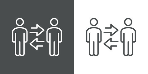 Símbolo comunicación. Icono plano lineal hombres con flechas en fondo gris y fondo blanco