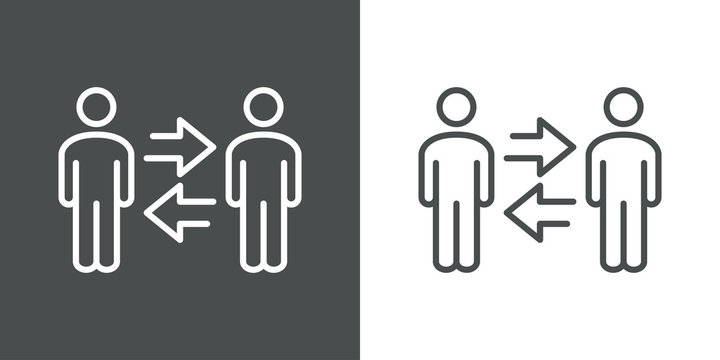 Símbolo comunicación. Icono plano lineal hombres con flechas en fondo gris y fondo blanco