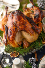 Turkey on the festive table, served table, Holidays recipes. Vertical photo