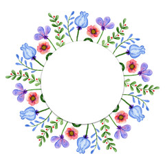 Watercolor wreath with flowers. Spring or summer frame.