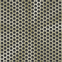 Abstract shiny metal background in golden color with circular brushed texture and hexagonal holes
