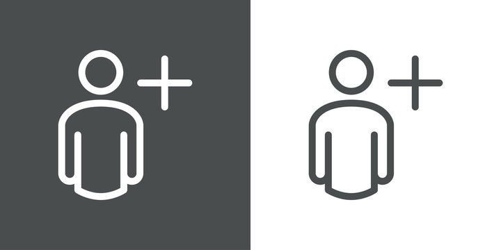 A&ntilde;adir contacto. A&ntilde;adir amigo. Icono plano lineal hombre con s&iacute;mbolo plus en fondo gris y fondo blanco