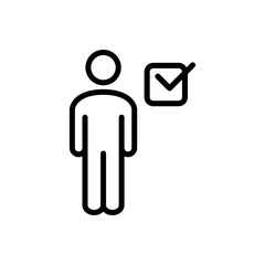 Contacto aceptado. Usuario aceptado. Icono plano lineal hombre con casilla de verificación en color negro
