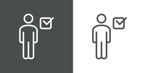 Contacto aceptado. Usuario aceptado. Icono plano lineal hombre con casilla de verificación en fondo gris y fondo blanco