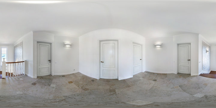 full seamless spherical hdri panorama 360 degres angle view in empty modern hall without furniture with staircase and doors in equirectangular projection, ready for AR VR content