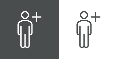 Añadir contacto. Añadir amigo. Icono plano lineal hombre con símbolo plus en fondo gris y fondo blanco