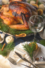 Turkey on the festive table, served table, holiday and recipes