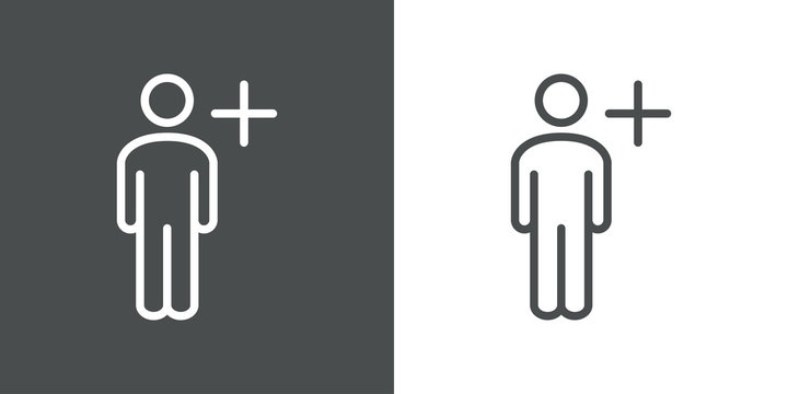 A&ntilde;adir contacto. A&ntilde;adir amigo. Icono plano lineal hombre con s&iacute;mbolo plus en fondo gris y fondo blanco