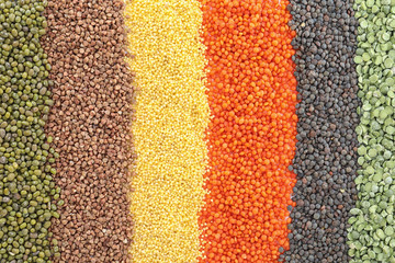 Different grains and cereals as background, top view