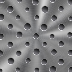 Abstract shiny metal background in silver color with circular brushed texture and round holes