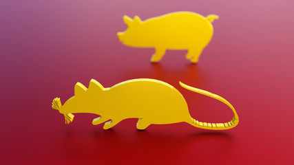 : red Christmas background with chinese horoscope rat and pig for 2020 chinese new year, with gold snowflakes. 3d illustration