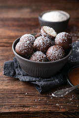 No bake delicious candy, sweet coconut balls dipped in chocolate