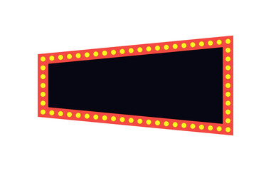 Bulb frame with empty space on red curtains background. Vector design element.