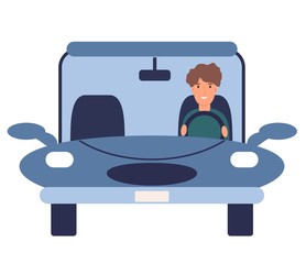 Men in automobile. Front view. Funny people driving cars isolated on white background. Colorful vector illustration in flat cartoon style.