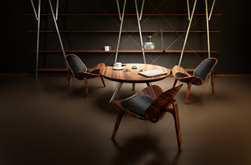 Fototapeta na wymiar The interior of the dimly lit room with three chairs and a table is made in a modern business style. Chairs, table and shelves are made of textured wood. 3d illustration.