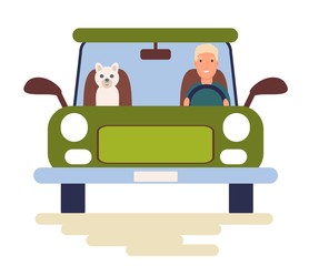 Funny people driving cars isolated on white background. Cute men and dog in automobile. Front view. Colorful vector illustration in flat cartoon style.