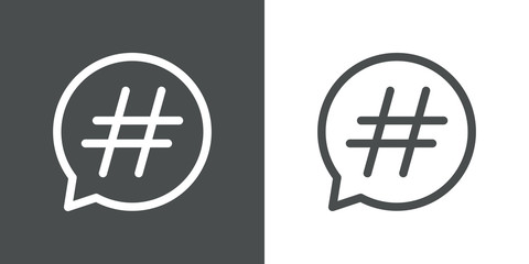 Obraz premium Icono plano lineal símbolo hashtag de red social en burbuja habla en fondo gris y fondo blanco