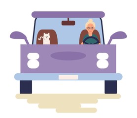 Funny people driving cars isolated on white background. Cute women and cat in automobile. Front view. Colorful vector illustration in flat cartoon style.