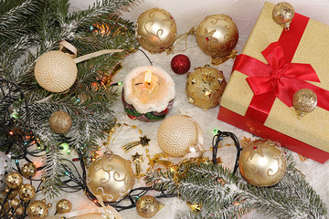 Christmas and New Year background with gift boxes, Christmas trees and Christmas decorations, top view, flet lay. New Year card for congratulations, selective focus, festive atmosphere © Светлана Балынь