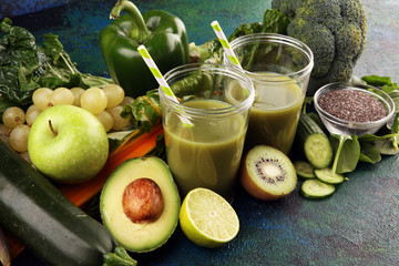 Healthy green smoothie and ingredients - detox and diet for health
