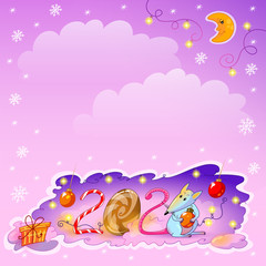 Happy new year cartoon card for kids. Number 2020 with candies and cute rat on colorful winter background.