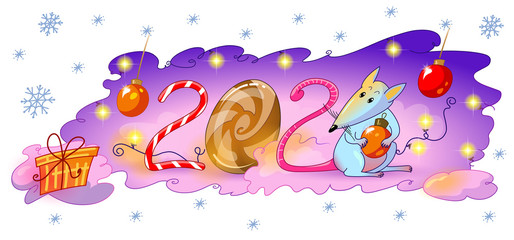 Happy new year cartoon number 2020 with candies and cute rat on white background with snowflakes.