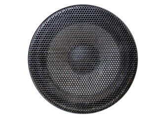 Music and sound. Front view of the old grey sound system speaker isolated on white