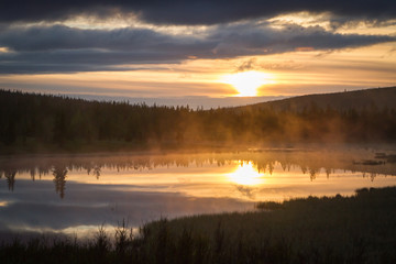 Russian northern landscape. Kola Peninsula, the Arctic. Murmansk region. Swamp with morning haze at sunrise