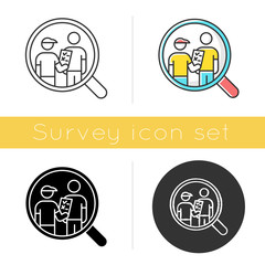 Personal interview survey icon. Face-to-face poll. Social research. Customer satisfaction. Feedback. Data collection. Glyph design, linear, chalk and color styles. Isolated vector illustrations