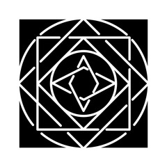 Ornate square glyph icon. Decorative geometric figure. Circles and square elements. Dynamic abstract shape. Complex isometric form. Silhouette symbol. Negative space. Vector isolated illustration