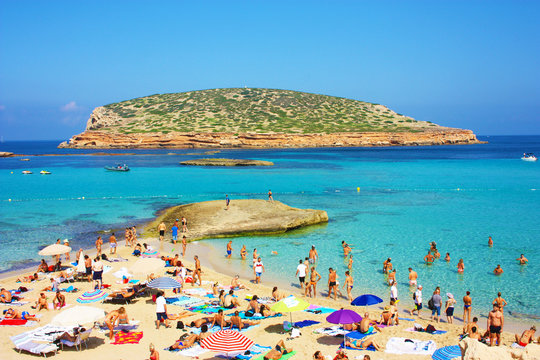 the famous and fantastic popular beach of Cala Comte in Ibiza, Balearic island. Beautiful for summer holidays