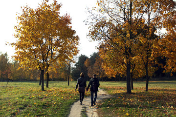 Fototapeta premium A couple is walking in an autumn park.