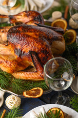 Turkey on the festive table, served table, Holidays recipes. Vertical photo