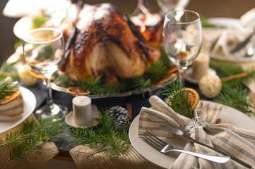 Christmas and New Year. Holiday turkey, on a served table, recipes, horizontal frame