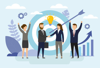 Teamwork concept. Business people in process of organization success by setting the right marketing target. Flat style. Vector illustrations