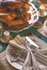 Turkey on the festive table, served table, Holidays recipes. Vertical photo