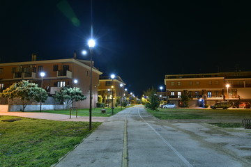 Night Park with Path Illuminated by Lamps