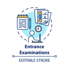 Entrance examination concept icon. Entry exam. Passing test. Fight for study place. Check knowledge and level of training idea thin line illustration. Vector isolated outline drawing. Editable stroke