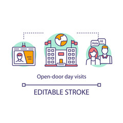 Open door day visits concept icon. Presentation of international company. Start of academy studying. University entrance idea thin line illustration. Vector isolated outline drawing. Editable stroke